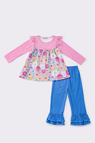 Pink Floral Stripe Ruffle Set