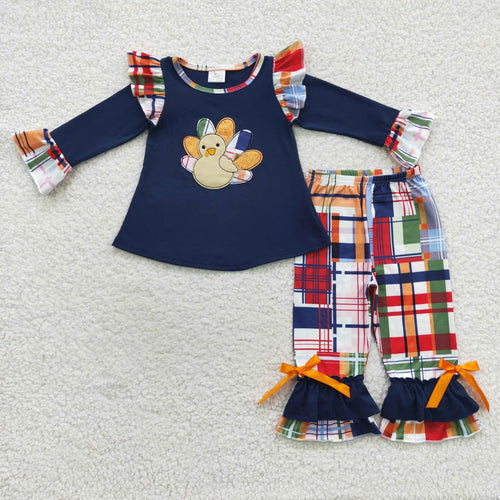 Navy Embroidered Turkey Ruffle Set